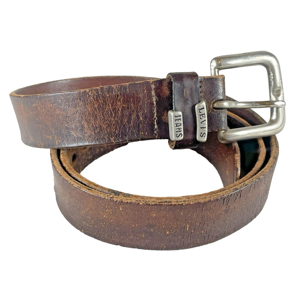 Levis Jeans Vtg 1980s Brown Leather Mens Belt Silver Buckle Adjustable Sz 36-43